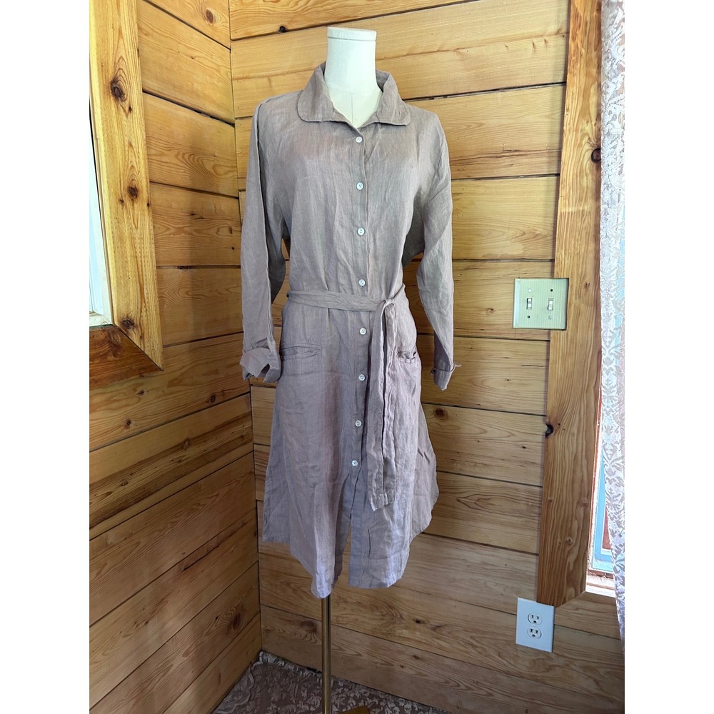 Linen Shirt Dress Womens Large Mauve Taupe Belted Midi Pocket‎ FABULOUS!